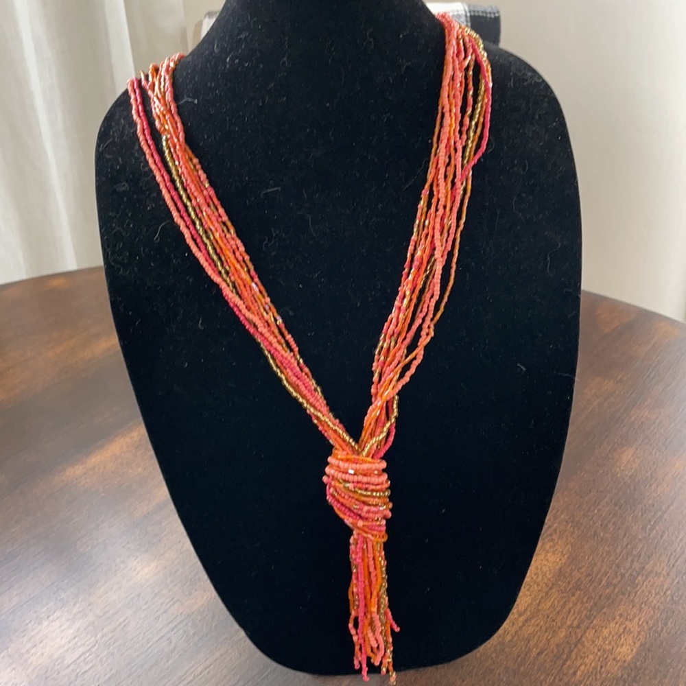 NEW Orange/Gold Beaded and Knotted Long Necklace